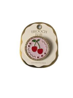 Anthropologie Brooch Bar Pink Enamel Cherry Pin with Crystal Border